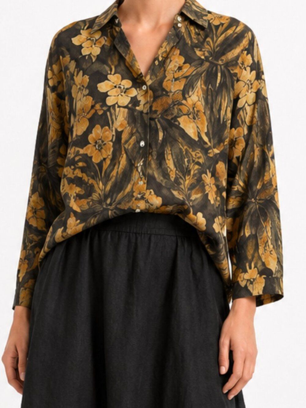 Chico's Linen Tropical Floral Button Front Top Beige Black Size 2 Large